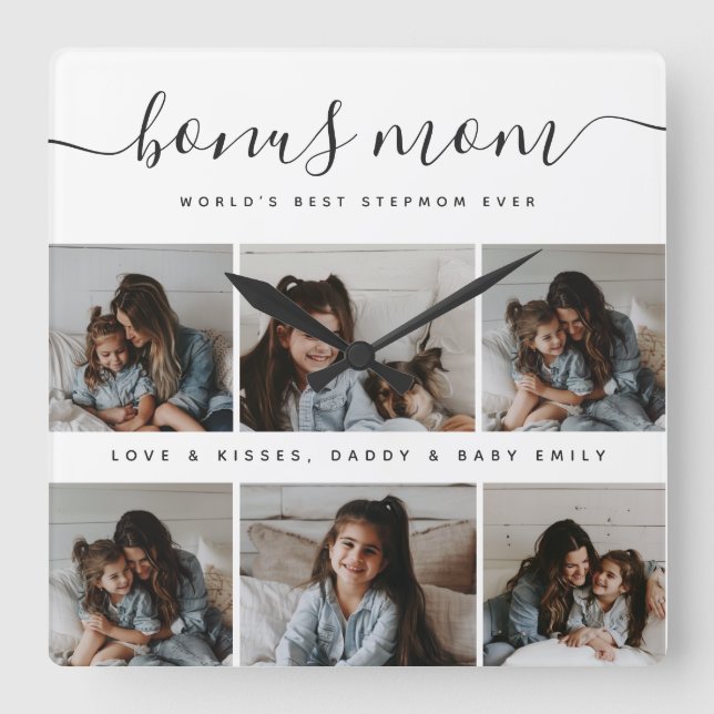 Timeless Photo Collage Chic Bonus Mum Mothers Day Square Wall Clock (Front)