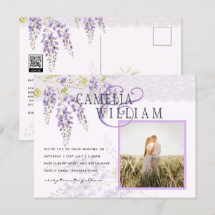 Timeless Purple Wisteria Ampersand PHOTO Wedding Postcard