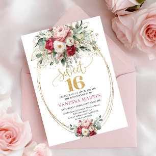 Timeless Red Blush Greenery Sweet Sixteen Invite