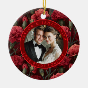 Timeless Red Carnation Sparkle Floral Wedding Ceramic Tree Decoration