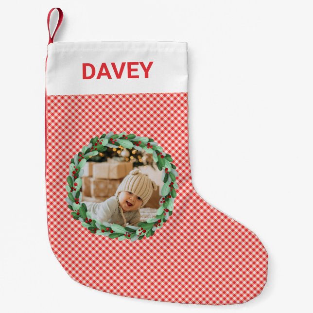 Timeless Red Gingham Farmhouse Custom Photo Small Christmas Stocking (Front)