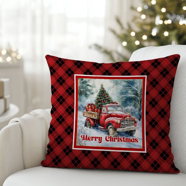 Timeless red truck holiday scene rustic watercolor cushion (Timeless red truck holiday scene rustic watercolor pillow

)