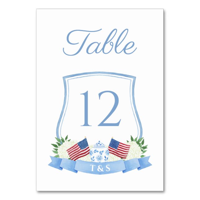 Timeless Red White Blue Watercolor Crest Wedding Table Number (Front)