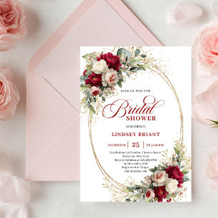 Timeless Red White Flowers Gold Bridal Shower Invitation