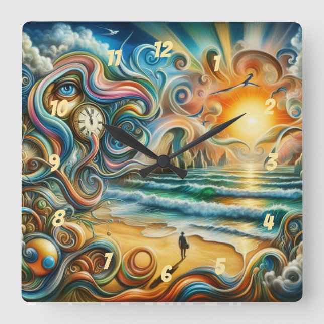 Timeless Reflections: Surreal Coastal Dreamscape Square Wall Clock (Front)