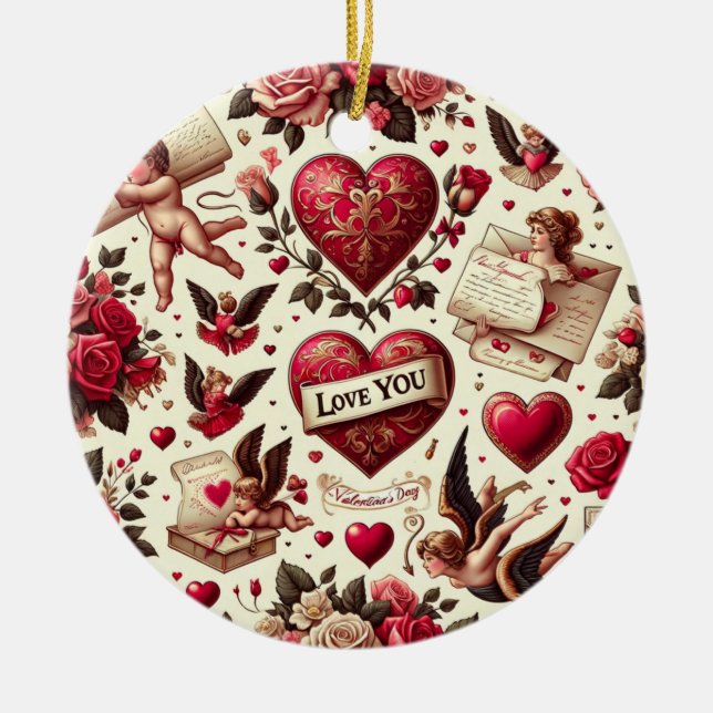 Timeless Romance: A Classic Valentine's Day Patter Ceramic Tree Decoration (Front)