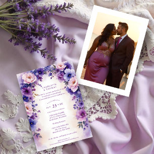 Timeless Romantic Purple Shades Flowers Arch Photo Invitation