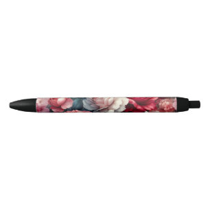 Timeless Rose Floral Charm Black Ink Pen