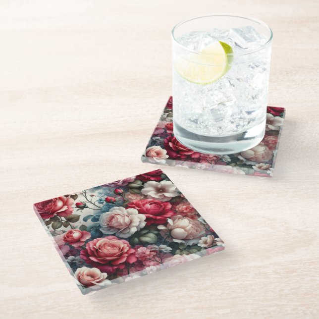 Timeless Rose Floral Charm Glass Coaster (Angled)