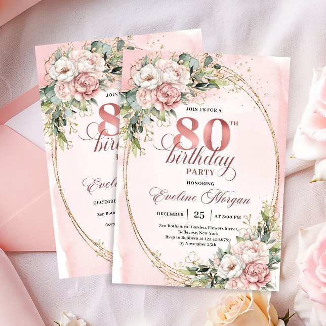 Timeless Rose Gold Flowers Greenery 80th Birthday  Invitation (Timeless Rose Gold Flowers Greenery 80th Birthday Invite)