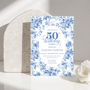 Timeless Royal Blue Toile de Jouy 50th Birthday Invitation