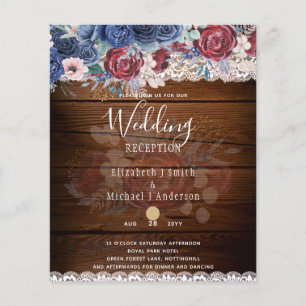 Timeless Rustic Blue Burgundy Floral Lace Wedding Flyer