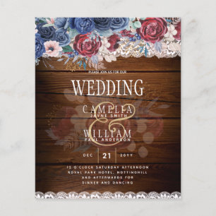 Timeless Rustic Blue Burgundy Floral Lace Wedding Flyer
