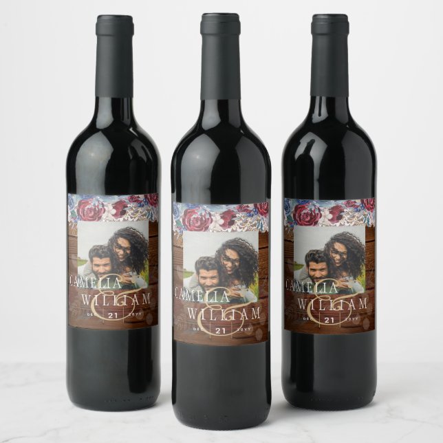 Timeless Rustic Blue Burgundy Floral Lace Wedding Wine Label (Bottles)