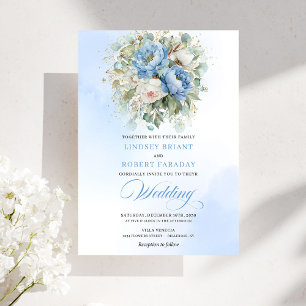 Timeless Rustic Pastel Blue Peony Gold Wedding Invitation