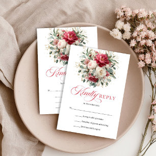 Timeless Rustic Red White Floral RSVP Card