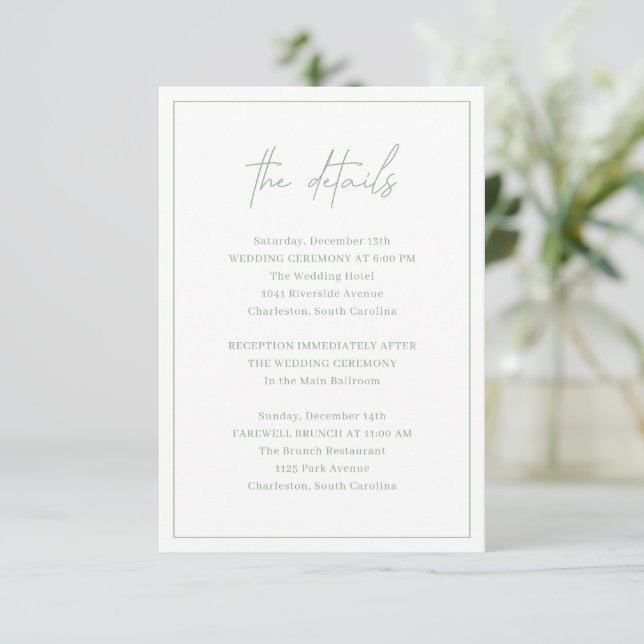 Timeless Sage Green Elegant Wedding Enclosure Card (Standing Front)
