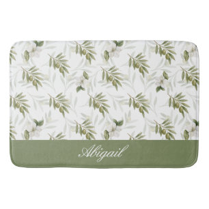 Timeless Sage Olive Watercolor Name  Bath Mat