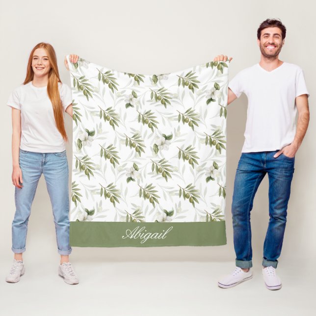 Timeless Sage Olive Watercolor Name  Fleece Blanket (In Situ)