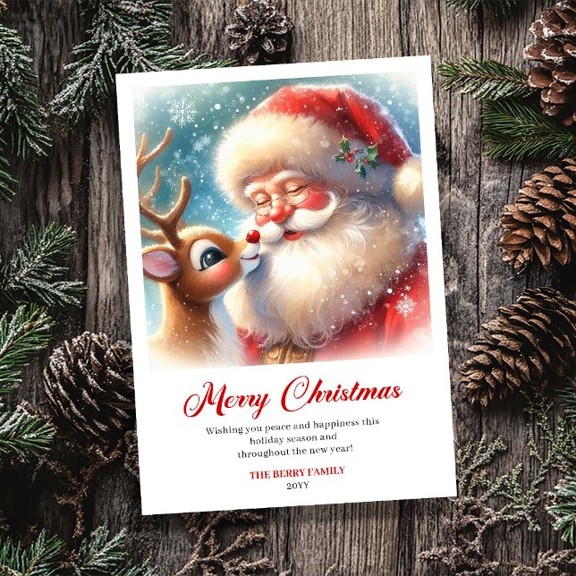 Timeless Santa With Rudolph Merry Christmas Card (Timeless Santa With Rudolph Merry Christmas Greeting Card)
