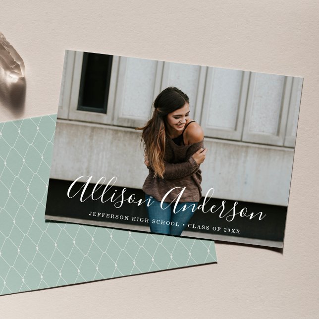 Timeless Script Mint Green Photo Graduation Announcement (Creator Uploaded)