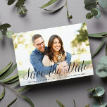 Timeless Script | Photo Save the Date<br><div class="desc">An elegant wedding save the date postcard designed to accommodate your favourite horizontal or landscape orientated full-bleed engagement photo. "Save the date" appears in off-black hand lettered calligraphy script with your names, wedding date and location beneath. Cards reverse to a subtle botanical pattern with space to include your wedding website...</div>