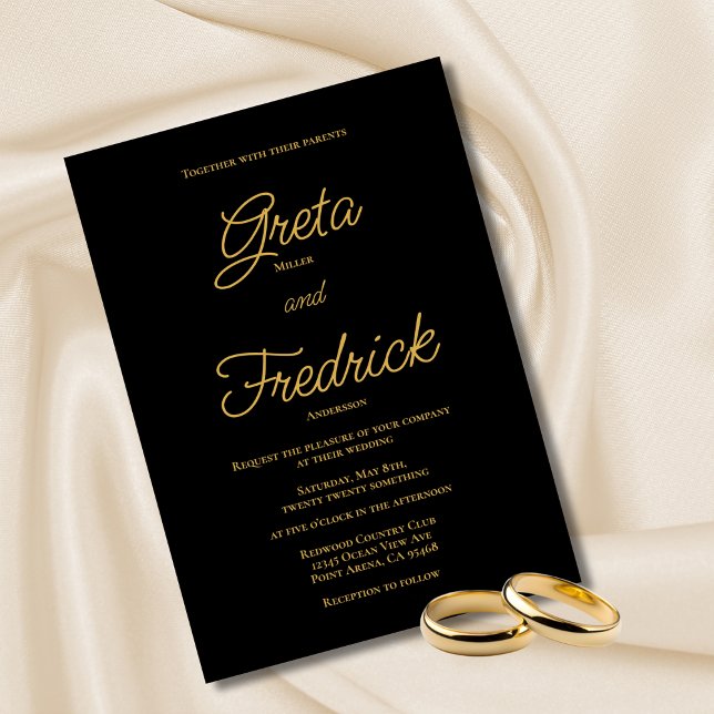 Timeless Simple Elegance Black Gold Script Wedding Invitation (Creator Uploaded)