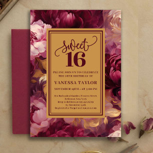Timeless Sweet 16 Burgundy Roses Gold Invitation
