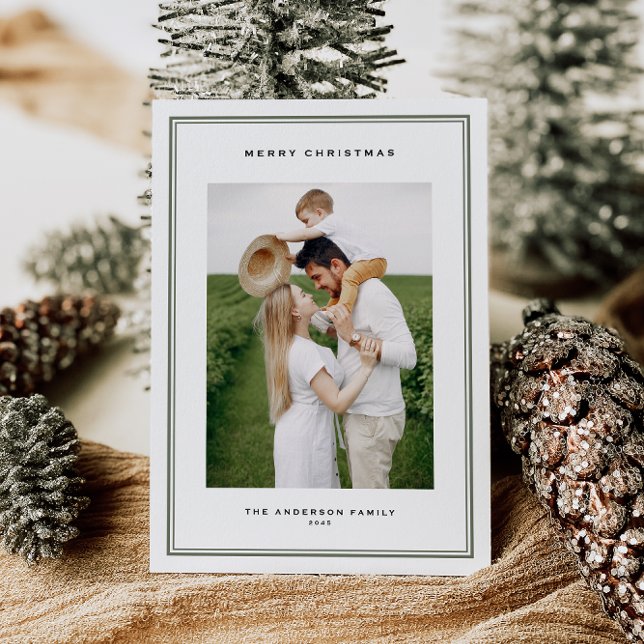 Timeless Taupe Green Double Border Photo Christmas Holiday Card (This timeless holiday photo card features a refined double-line frame and classic serif typography.)