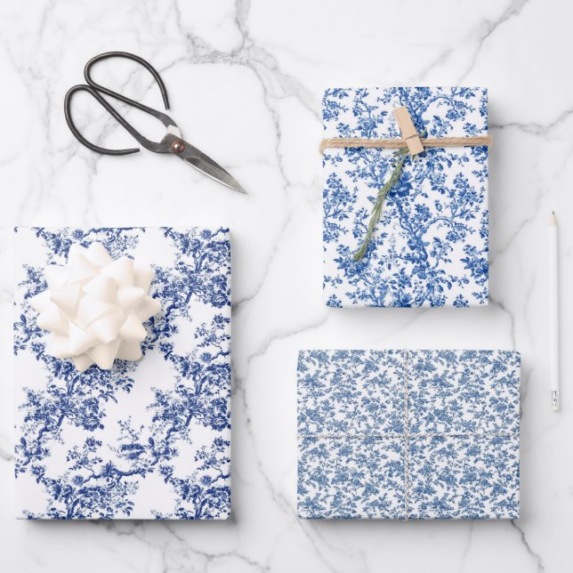 Timeless Toile Blue 3 Wrapping Paper Sheet (Front)