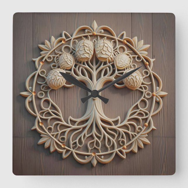 Timeless Trees: A Wood Carved Square Wall Clock (Front)