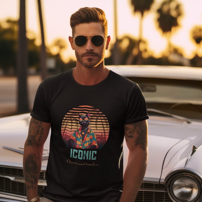 Timeless Tropical Cat Attitude T-Shirt (A man wears a Timeless Tropical Cat Attitude T-Shirt.)
