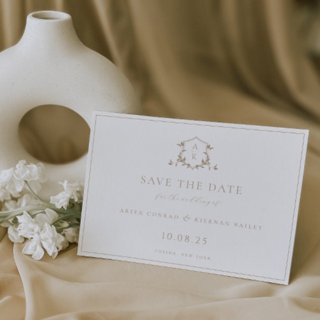 Timeless Vines Beige Crest Monogram Wedding Save The Date (Creator Uploaded)