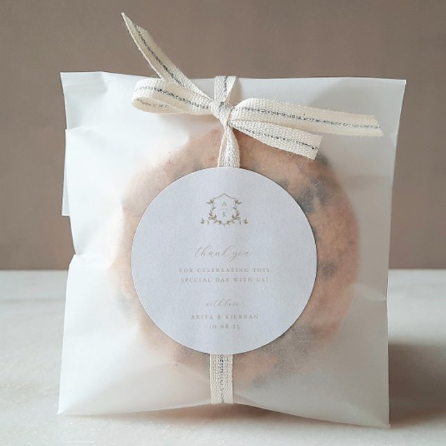 Timeless Vines Beige Crest Wedding Monogram Classic Round Sticker (Creator Uploaded)