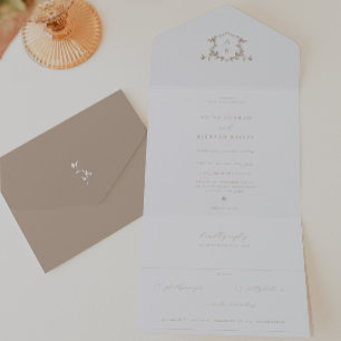 Timeless Vines Beige Monogram Wedding Crest All In One Invitation