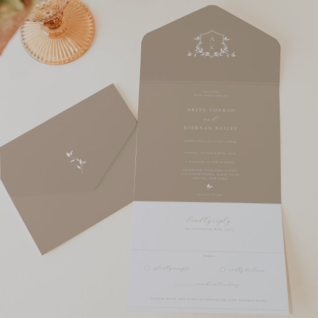 Timeless Vines Beige Monogram Wedding Crest All In One Invitation (Creator Uploaded)