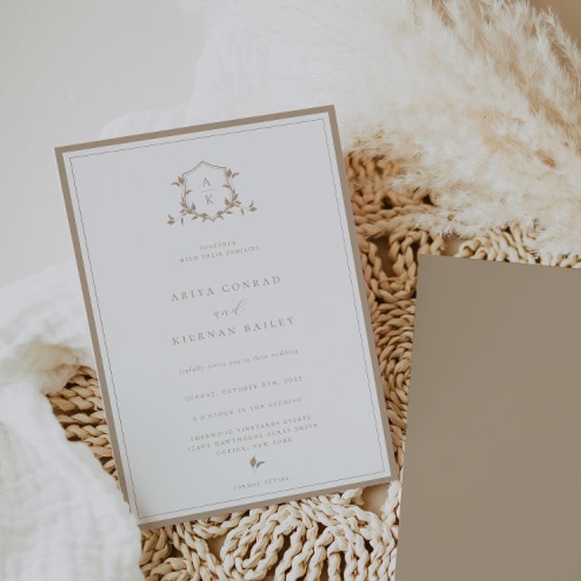 Timeless Vines Beige Monogram Wedding Crest Invitation (Creator Uploaded)