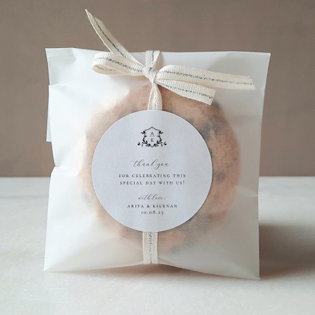 Timeless Vines Black Crest Wedding Monogram Classic Round Sticker (Creator Uploaded)