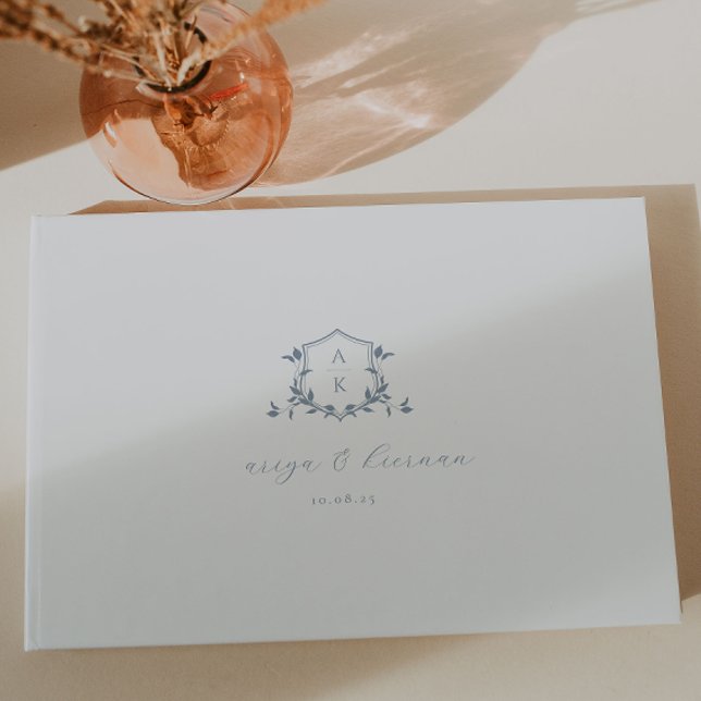 Timeless Vines Dusty Blue Crest Wedding Monogram Guest Book (Creator Uploaded)