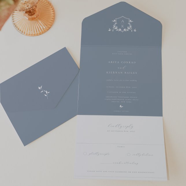 Timeless Vines Dusty Blue Monogram Wedding Crest All In One Invitation (Creator Uploaded)