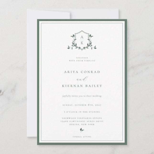 Timeless Vines Green Monogram Wedding Crest Invitation (Front)