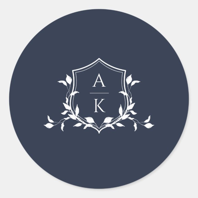 Timeless Vines Monogram Crest Navy Classic Round Sticker (Front)