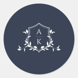 Timeless Vines Monogram Crest Navy Classic Round Sticker
