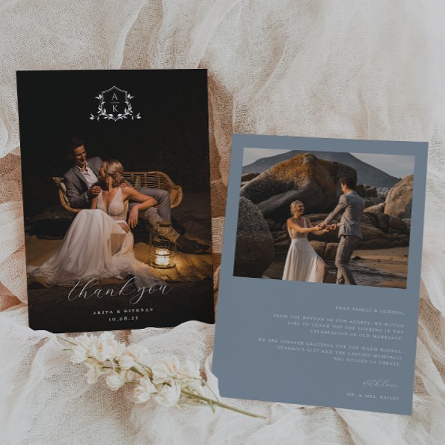Timeless Vines Monogram Crest Wedding Photo Thank You Card (Creator Uploaded)