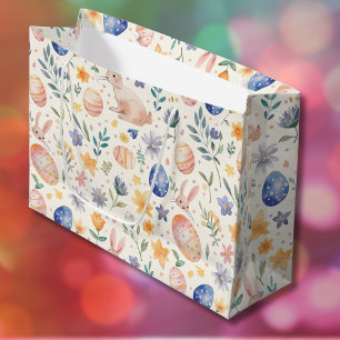 Timeless Watercolor Pastel Bunny Flowers Eggs Large Gift Bag