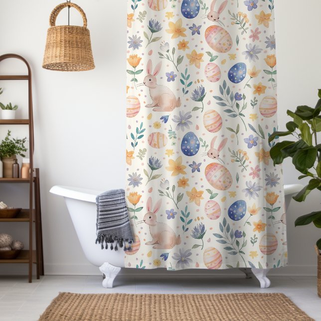 Timeless Watercolor Pastel Bunny Flowers Eggs Shower Curtain (Creator Uploaded)