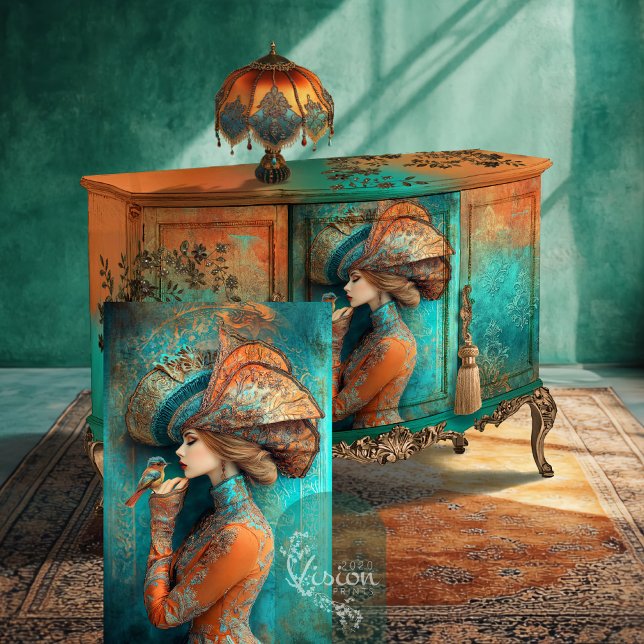 Timeless Whispers bird Lady in a Hat Portrait Art Tissue Paper (Lady in a big hat, with a bird Fashion Fantasy Vibrant Detailed Portrait Art Decoupage Tissue Paper)