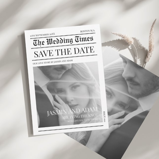 Timeless White Black Newspaper Wedding Save The Date (Newspaper Black and White Unique Photo Wedding Save The Date)