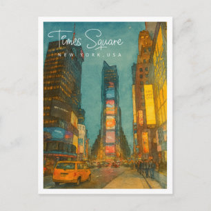 Times Square NYC Night Lights Watercolor Holiday Postcard