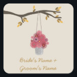 Tin Can Of Red Flowers Fall Wedding Square Sticker<br><div class="desc">An outdoors fall wedding sticker featuring an illustration of a tin can filled with red flowers hanging from a tree branch with autumn leaves.  Personalise the text with your names.</div>